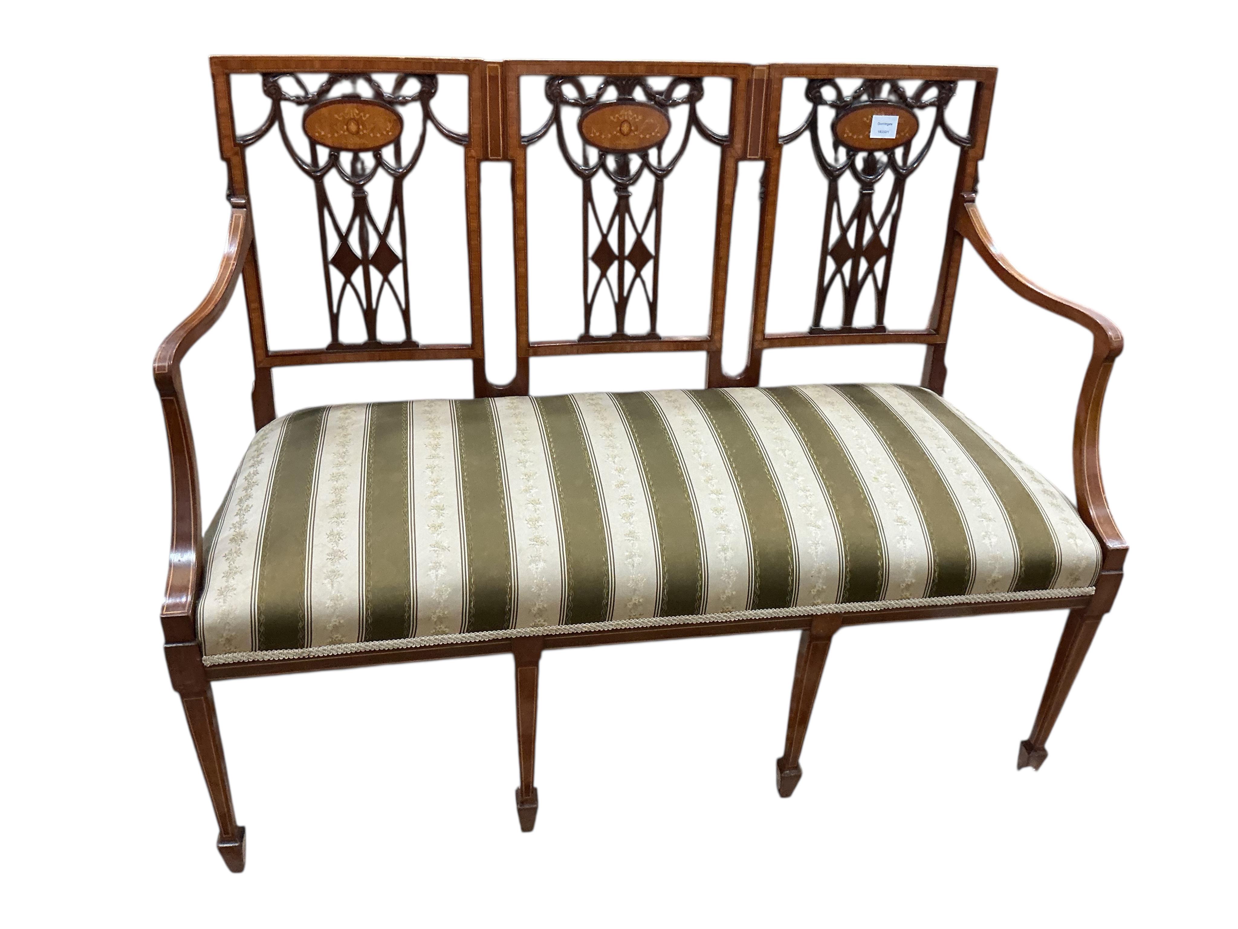 An Edwardian Sheraton Revival inlaid mahogany triple chair back settee, width 120cm, depth 50cm, height 96cm